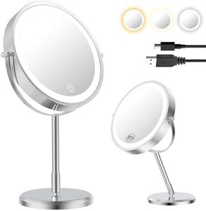 Erlingeryi 7” Travel Magnifying Mirror with Lights,1X/10X Double Sided Lighted Makeup Mirror with Magnification, Rechargeable Battery, Dimmable, 3 Lighting Colors, Chrome