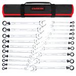 STARWORK True Mechanic™ 20 Pc. Reversible Ratcheting Combination Wrench Set, Non-Slip, Long Pattern, SAE, Metric, Professional, with Portable Roll-Up Pouch Bag