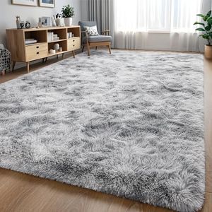 Larhom Soft Shag Area Rugs for Living Room Bedroom, 5x8 ft Tie-Dye Light Grey Indoor Modern Carpets, Thickened Rugs Fluffy Fuzzy Plush Rug for Kids Room Nursery Home Decor, Anti Slip, High Pile