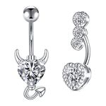 Briana Williams 2pcs Belly Bars Heart Devil Clear CZ 14G Belly Button Piercing Stainless Steel 10mm Navel Rings Piercing Jewellery