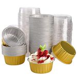 DEAYOU 100-Pack Aluminum Foil Baking Cups with Lids, 5oz Muffin Cupcake Ramekins, 3" Recyclable Cupcake Foil Liners Mini Tart Pie Tin Pan Holder for Souffle, Pudding, Party, Wedding, Gold