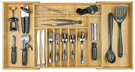 KitchenEdge Cutlery Tray and Utensil Organiser for Kitchen Drawers, Expandable to 33 Inches Wide, 11 Compartments, 100% Bamboo