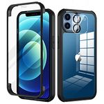 seacosmo for iPhone 12 Case 6.1 Inch, Full-Body Shockproof Case with Built-in Glass Screen Protector and Camera Lens Protector Rubber Bumper Case Cover for iPhone 12 - Black/Clear