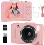 Digital Point and Shoot Camera, 4K 48MP Kids Camera for Pictures with 32GB Card, Card Reader, Lanyard, 16X Zoom Anti Shake, Portable YouTube Compact Vintage Camera Gift for Teens Kids Boys Girls(Pink)