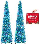 MACTING 2PCS Pop up Christmas Tree with Lights 5FT Easy-Assembly Tinsel Tree Coastal Glittery Artificial Collapsible Tree for Indoor Apartment Corner Holiday Party Xmas Valentines Decor (Blue)