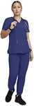 STAT MEDICAL WEAR Women Scrub Set, V-Neck Top with 3 Pockets and Drawstring Jogger Pant with 5 Pockets - 100210, L, Navy