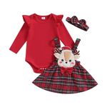 Vioyavo Infant Girl 3Pcs Christmas Outfit Solid Color Long Sleeve O-Neck Romper+Elk Embroidery Plaid Print Suspender Skirt+Headband Set (Red, 0-3 Months)