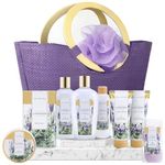 Spa Luxetique Lavender Spa Gift Baskets for Women, Premium 9Pc Gift Baskets, Deluxe Spa Tote Bag with Wooden Handle, Bath Salt, Hand Soap, Hand Cream, Shower Gel and Moe! Best Holi