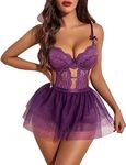 Avidlove Lingerie for Women Lace Bodysuit with Detachable Mesh Mini Skirt Push Up Teddy Lingerie Set