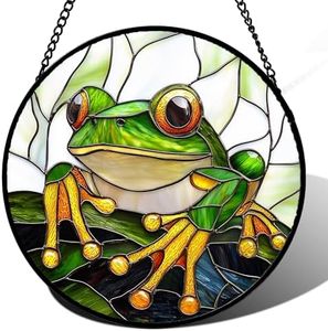 DASTOLL Stained Glass Window Hanging, Green Frog White Petals Sun Catchers Colorful Glass Panel Cute Suncatcher Decor for Birthday for Women, Men, Wife, Aunt, and Mom 14.9x14.9 in