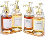 HSIOHE Coffee Syrup Dispenser for Coffee Bar, Coffee Syrup Pump Dispenser, Glass Syrup Bottle with Gold Upgraded Pump, 4 Pack 16.9 oz 500 ml Syrup Dispensers, 28 Labels and 2 Bamboo Trays