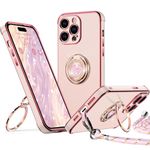 XYZ for iPhone 14 Pro Case with Stand, Double Ring Holder Case Heart with Lanyard for Girls Women, Luxury Cute Bling Protective Phone Cover Case for iPhone 14 Pro, Pink