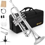 Vangoa Bb Standard Trumpet Brass Student Silver Trumpet Instrument for Beginners Adults School Band Orchestra with Hard Case, Cleaning Kit, Stand, 7C Mouthpiece, Gloves, Valve Oil