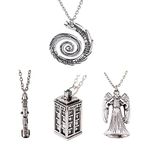 Luomi Doctor Who 4 Pack Different Necklace Wibbly Wobbly Timey Wimey 11th Doctor Sonic Screwdriver Pewter Finish Inspired 3D Police Box