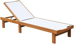COSTWAY Patio Lounge Chair Chaise, Strong Eucalyptus Wood Frame, 5-Position Adjustable Outdoor Recliner with White Mesh (1)