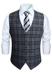 HISDERN Men's Formal Waistcoat Wedding Waistcoats Plaid Classic Check Gents Party Business Dress Suit Vest Black L