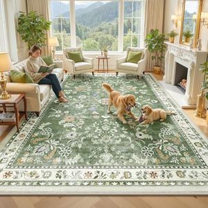 Yamaziot Washable Area Rug 9x12 – Large Non-Slip Boho Floral Living Room Rug with Rubber Backing, Low Pile Distressed Carpet for Bedroom, Living Room, Dining Room, Green
