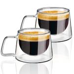 KAMEUN Double Walled Coffee Cups, Set of 2 Coffee Cups with Handle, Handmade Insulated Borosilicate Glass, Dishwasher Safe & Heat Resistant, Ideal for Hot and Cold Drinks