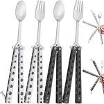 Flutesan 4 Pcs Butterfly Fork and Spoon Set Tactical Butterfly Spoon Fork Folding Stainless Steel Forks and Spoons for Travel Hunting Hiking BBQ, Silver and Black