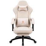 Dowinx Gaming Chair with Spring Cushion,Racing Gamer Chair with Massage Lumbar Support, Ergonomic Gaming Armchair with Footrest Office Chair PU Leather White