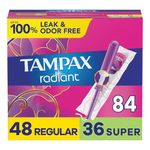 Tampax, Radiant Tampons, Plastic Applicator, DuoPack, Regular/Super Absorbency, 84 Count