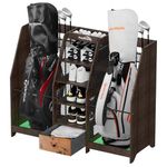 Ponsonbay Golf Bag Storage Organizer for Garage, Premium Wooden 2 Golf Bags Rack with Drawer, Easy Assemble Golf Club Stand/Holder Suitable for Garage Home Simulator and Office（Black）