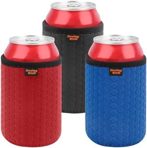 Desing Wish 12oz Standard Can Cooler Sleeve Holder Honeycomb Insulator Beer Cans Cover 12OZ Beer Bottle Sleeves Non-Slip Neoprene Soda Cans Coolers Holders 3 Pack (Black/Red/Blue)