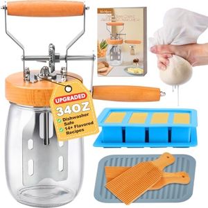 Butter Churner - Hand Crank Mason Jar Butter Churner, 34oz Manual Butter Maker with 14 Flavored Butter Recipe, Butter Paddle, Butter Mold with Lid, Cheese Cloth, Anti-slip Mat, Glass Hand Butter Churn
