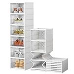 Shoe Storage Box, 6 Tier Foldable Plastic Shoe Organizer, No Assembly Shoe Shelf Cabinet with Clear Door, Sneaker Container Stackable Shoe Rack Organizer for Closet Entryway(White)