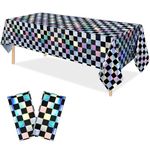 OQOQ Checkered Iridescent Tablecloth (2 Packs，Black Silver) - Rectangular Plastic Table Cover Disposable Table Cloth Pink Birthday Decorations Waterproof Foil Tablecloth Bachelorette Party 54x108