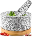 Heavy Duty Mortar and Pestle Set with Bamboo Base, Extra Large 4 Cups, 100% Natural Granite Mortar and Pestle Small Stone Grinder Bowl, Molcajete Bowl, Masher Guacamole Bowls, Polished White