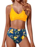 Holipick Women High Waisted Bikini Set Two Piece Swimsuits Push up Wrap Swim Suits Top Tummy Control Bathing Suit, Yellow Lemon, Large