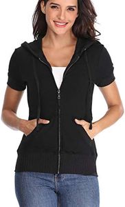 MISS MOLY Women's Short Sleeve Hoodie Full Zip Up Cotton Slim Fit Sweatshirt Kanga Pocket Black 2XL