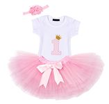 AmzBarley Baby Girl Skirt First Birthday Rompers Jumpsuit Bodysuit Tops with Headbands 3pcs set Tutu Dress Pink