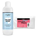 Mylee Acetone & Wipes Remover Kit 600ml Bottle + 100x Lint Free Wipes 100% Pure Acetone 600ml Nail Polish Remover UV/LED GEL Soak Off