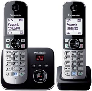 Panasonic DECT Digital Cordless Phone with Built-in Answering Machine and 2 Handsets (KX-TG6822ALB), Black & Silver