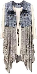 FindThy Women’s Denim Vest Sleeveless Ripped Draped Patchwork Cardigan Jean Vest with Irregular Lace Extender Hem(0475-DenimBlueA1-XXL-LB)