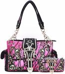 Camouflage Crown Buckle Western Style Concealed Carry Purse Country Handbag Women Shoulder Bag Wallet Set, Pink, L