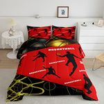 Erosebridal Basketball Comforter Set Twin,Sports Themed Black and Red Bedding Set for Big Fans of Basketball Home Room Decor,Ball Game Court Player Duvet Insert with 1 Pillowcase Warm