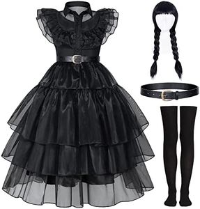 Black Dress Up Costume for Girls Birthday Halloween Cosplay Party with Wig Socks Belts 11-12Years (160cm)