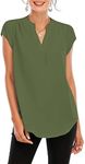 Famulily Womens Split V Neck Cap Sleeve Tops Frill Trim Elegant Work Office Blouse Shirts, Army Green, Large