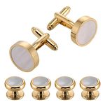 Jonwo 14K Gold Plated Men's Women Cufflinks and Studs Set Mother of Pearl Shirt Cuff Links Buttons Formal Business Wedding Party (14K Gold Plated Cufflinks and Studs Set)