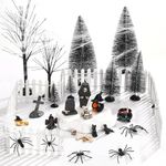 MOUNTCLIM 30 pcs Halloween Village Set, Halloween Black Trees Mini Pumpkins Black Cat Crows Coffin Fake Bones Skeletons for Halloween Town Decorations Party Table Decor