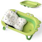 Hibtn Foldable Baby Crocodile Bathtub,Collapsible Toddler Bath Tubs with Baths Support Cushion Pad Seat Mat,Anti-Slip Travel Portable Infant Tubs Soft Bathing for 0-3 Years