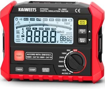 KAIWEETS HT5203 Megohmmeter, Digital Insulation Tester, 50V/100V/250V/500V/1000V, Up to 100GΩ, One-Touch DAR/PI, Timed Testing, Meaures Resistance, AC/DC Voltage, Continuity for Motors, Solar, HVAC