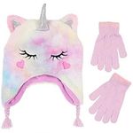 Toddler Winter Hat and Gloves Set for Ages 4-7 or Boys & Girls Winter Hat & Toddler Mittens Ages 2-4, Multicolor Unicorn - Gloves, 4-7 Years