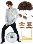 Mepase 5 Pcs Men Disco Costume Set Shiny Disco Outfit Afro Curly Wig Gold Disco Necklace Fake Mustaches Sunglasses (XXL)