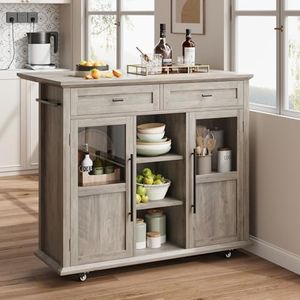 Garvee 42 in Kitchen Island Cart with Wood Top - Farmhouse Mobile Storage Cart with Drawer, 3-Tier Shelves & Locking Wheels for Small Kitchens (Gray)