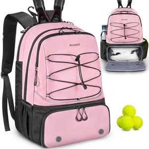 Arcoyard Tennis Bag, Large Tennis Bags For Women, Tennis Backpack with Ventilated Shoe Compartment and Insulated Pocket, Hold 2 Tennis Pickleball Rackets, Tennis Pickleball Balls and More (pink)