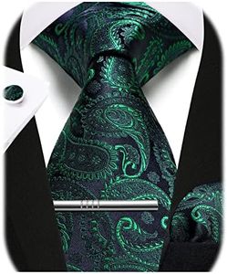 Enlision Cravates Hommes Vert Cravates et Pinces à Cravate et Boutons de Manchette et Carre de Poche Emsemble Cravates pour Mariage